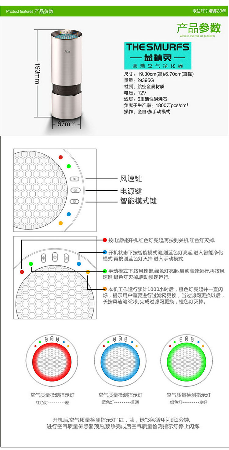 JFA智能車載空氣凈化器PM2.5 杯式汽車氧吧 負(fù)離子除甲醛煙霧異味