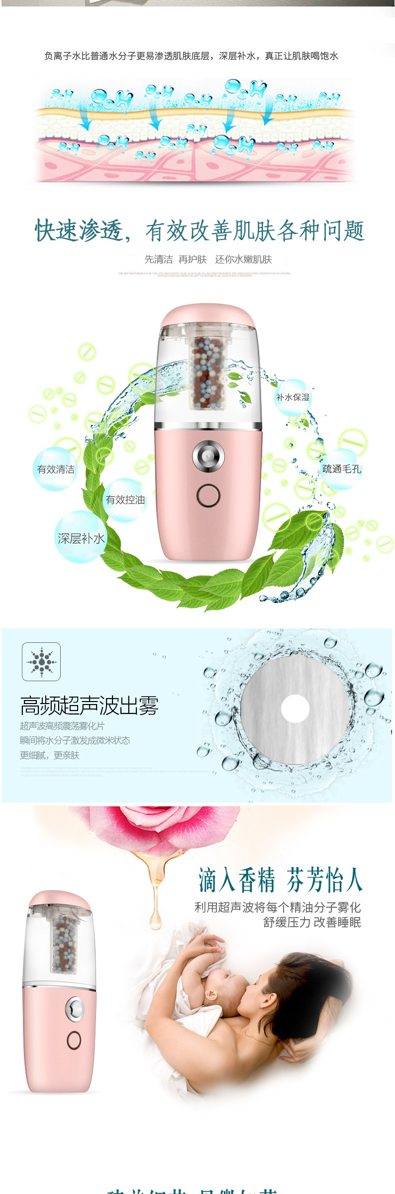 實物負(fù)離子補(bǔ)水噴霧儀 蒸臉器加濕器 霧化美容儀 USB充電款帶車標(biāo)