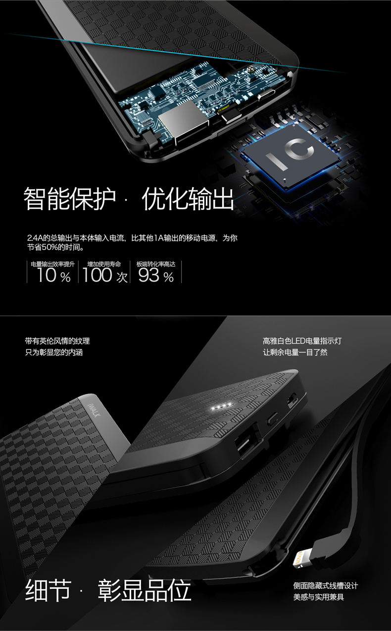 iWalkT08充電寶蘋果專用iphone5/6S/7PLUS超薄聚合物帶線移動(dòng)電源
