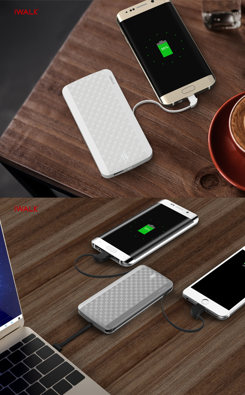 iWalkT08充電寶蘋果專用iphone5/6S/7PLUS超薄聚合物帶線移動(dòng)電源
