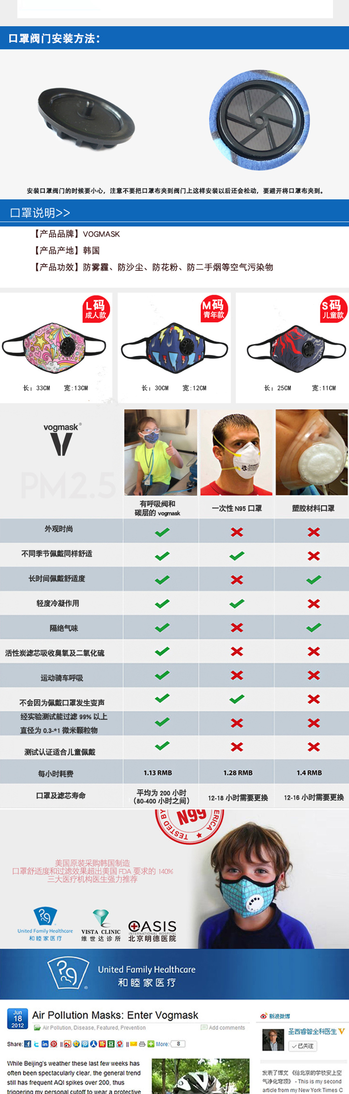 Vogmask 防pm2.5霧霾尾氣帶閥活性炭運動成人口罩L號